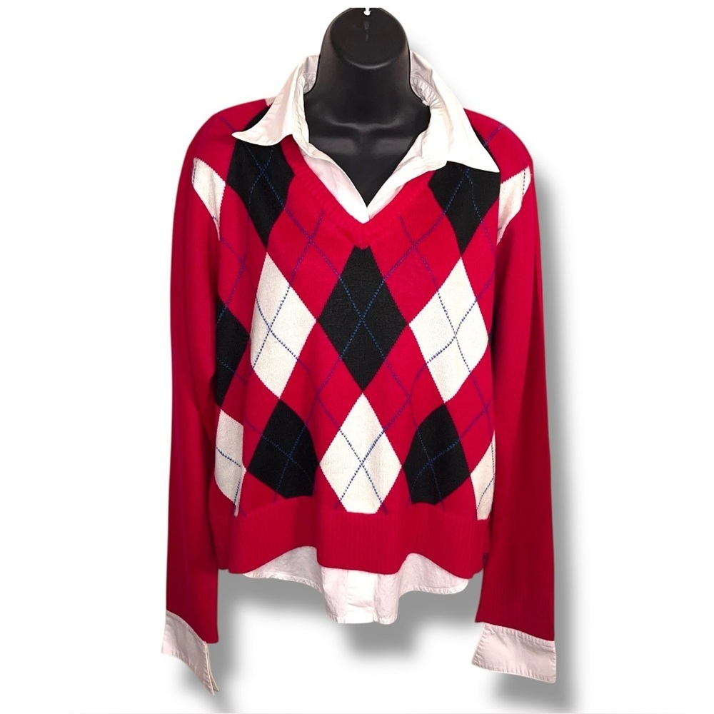 Vintage XL Bill Blass Argyle Sweater Fuchsia Pink White Black Built In Shirt